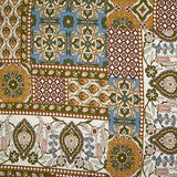 Satin de viscose imprimé patchwork ornement ocre, bleu barbeau et kaki