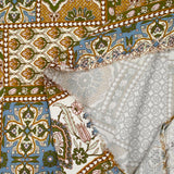 Satin de viscose imprimé patchwork ornement ocre, bleu barbeau et kaki