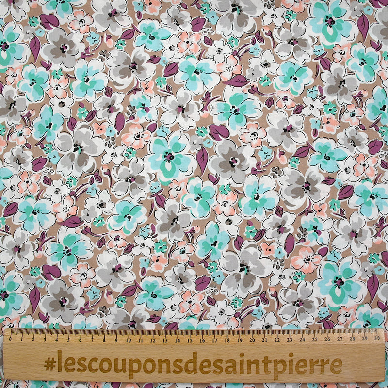 Viscose imprimée fleurs Narcissa fond taupe