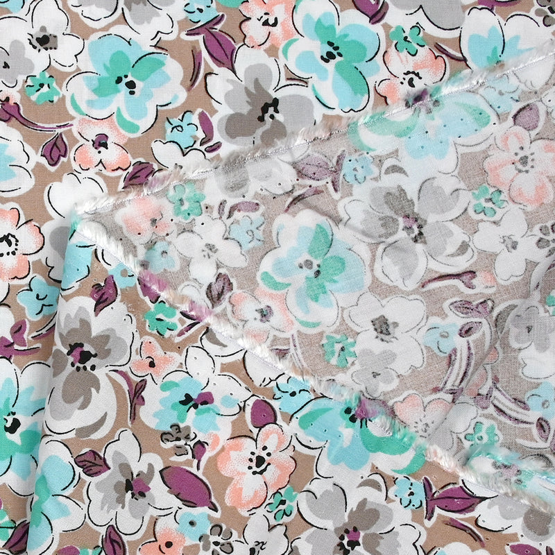 Viscose imprimée fleurs Narcissa fond taupe
