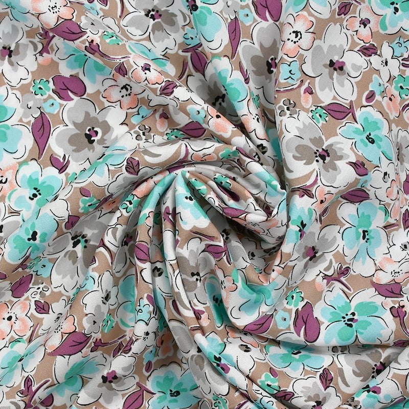 Viscose imprimée fleurs Narcissa fond taupe