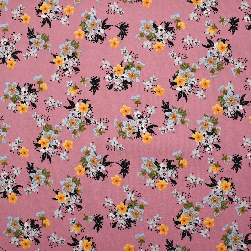 Viscose imprimée fleurs Marjolaine fond vieux rose