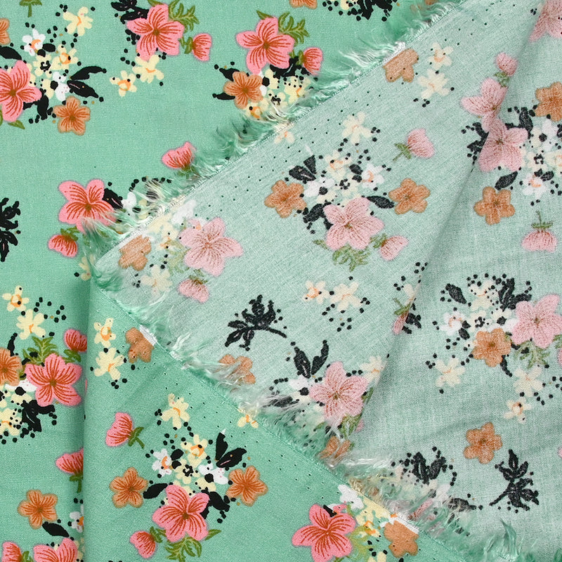 Viscose imprimée fleurs Marjolaine fond turquoise