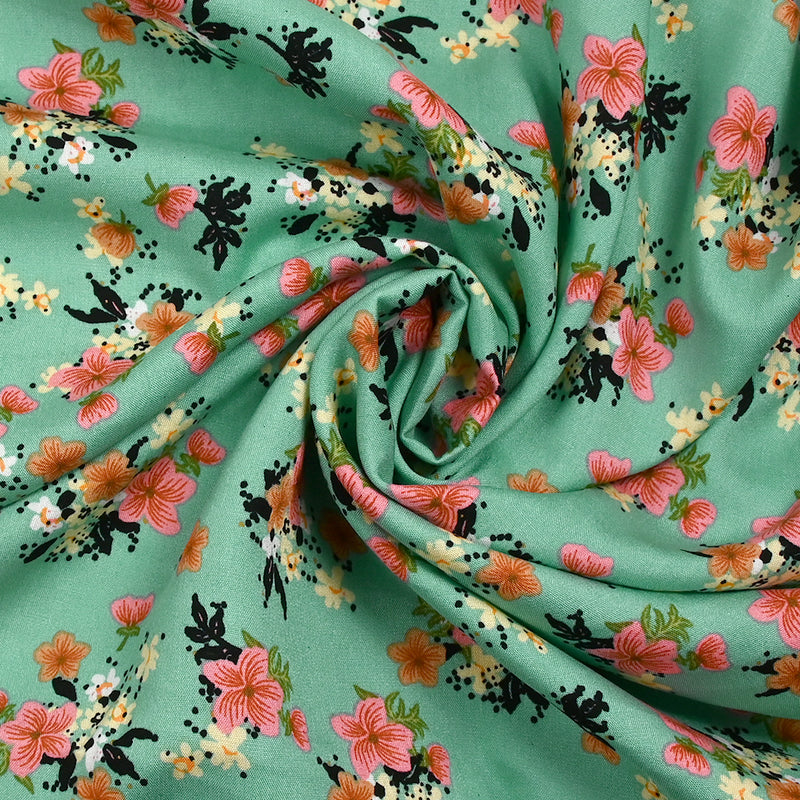 Viscose imprimée fleurs Marjolaine fond turquoise