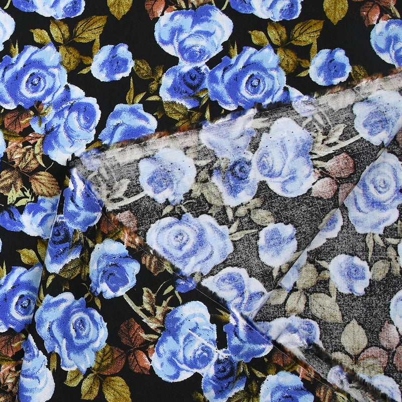 Viscose imprimée fleurs Poppy bleu fond noir