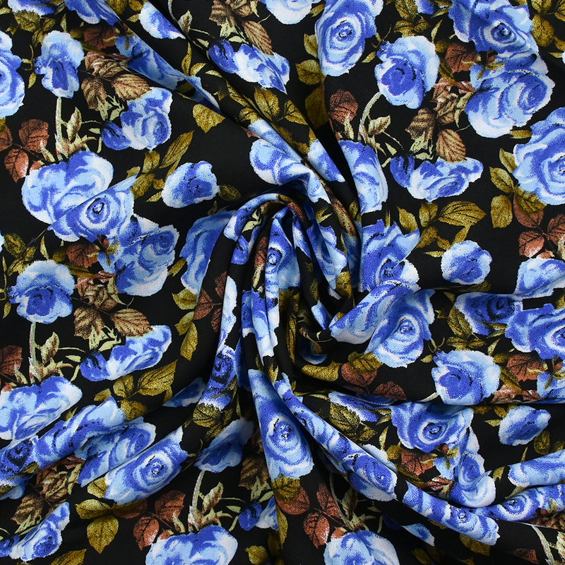 Viscose imprimée fleurs Poppy bleu fond noir