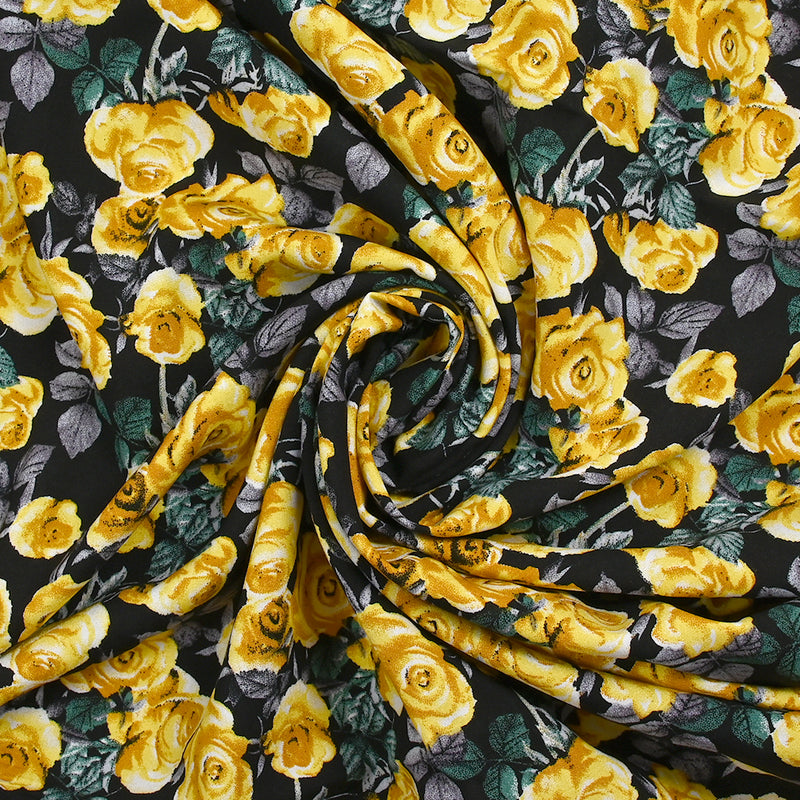 Viscose imprimée fleurs Poppy jaune fond noir