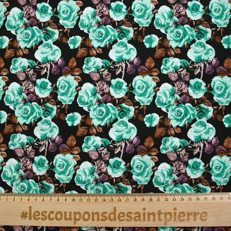 Viscose imprimée fleurs Poppy turquoise fond noir