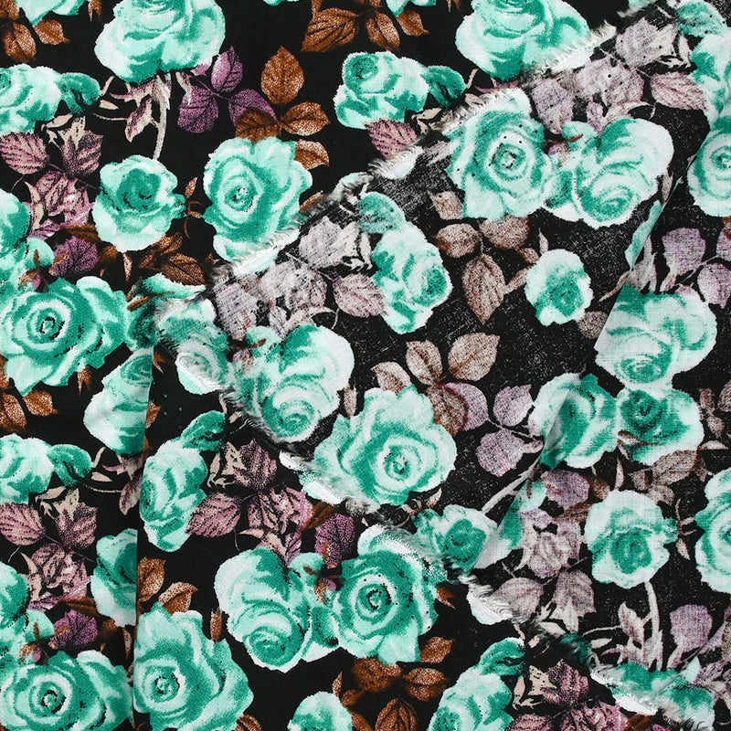 Viscose imprimée fleurs Poppy turquoise fond noir