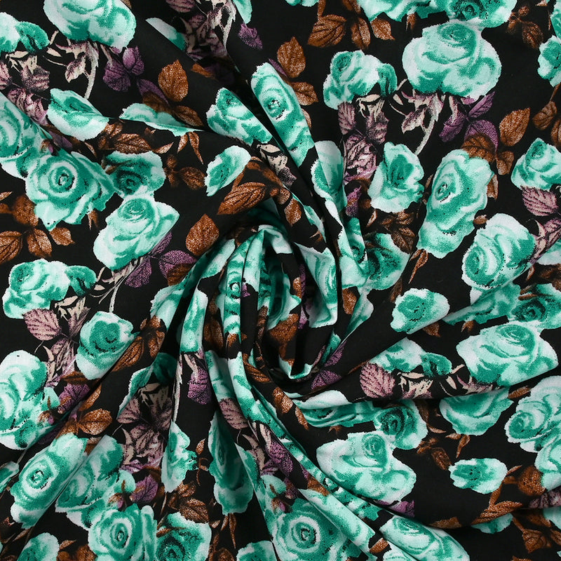 Viscose imprimée fleurs Poppy turquoise fond noir