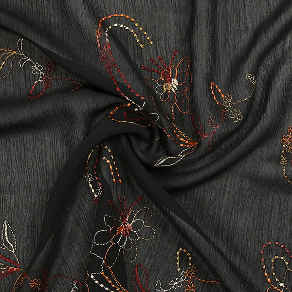 Mousseline crinkle fleurs brodées fond noir