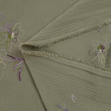 Crinkle muslin embroidered flowers sage background