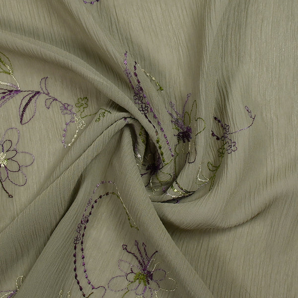 Mousseline crinkle fleurs brodées fond sauge