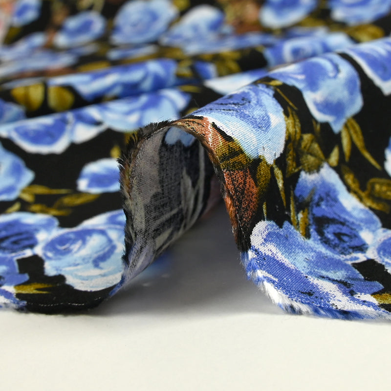 Viscose imprimée fleurs Poppy bleu fond noir