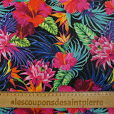 Coton imprimé jungle florale fuchsia fond noir