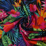 Coton imprimé jungle florale fuchsia fond noir