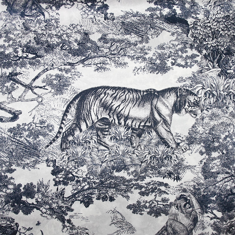 Satin de soie imprimé dans la jungle marine fond blanc
