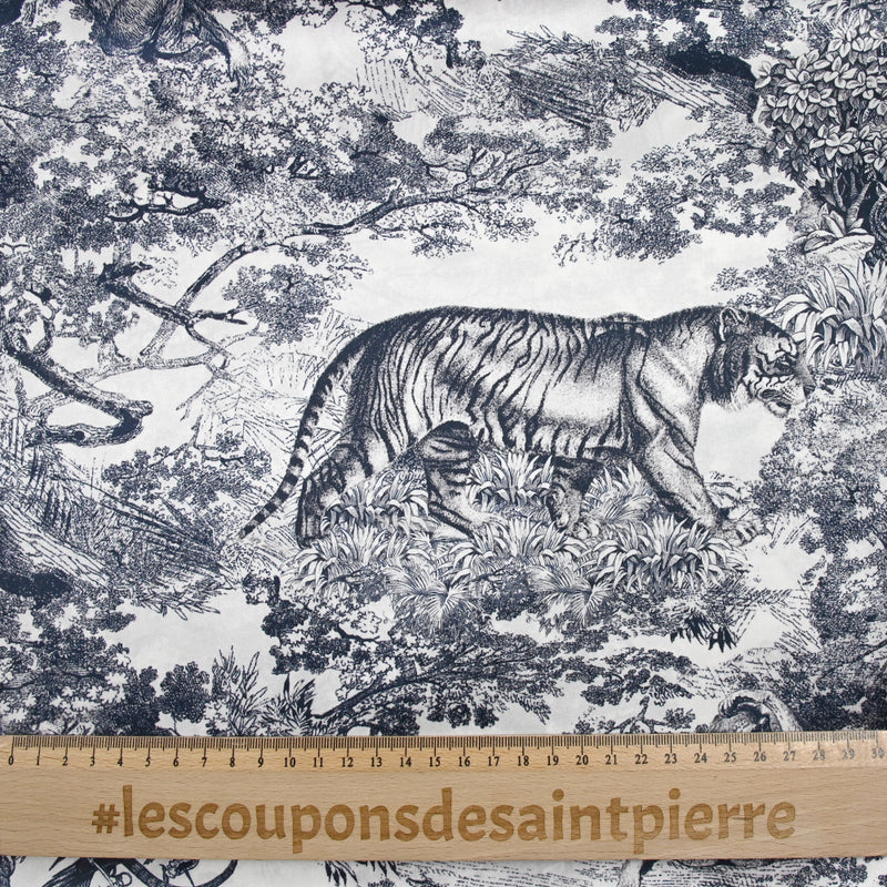 Satin de soie imprimé dans la jungle marine fond blanc