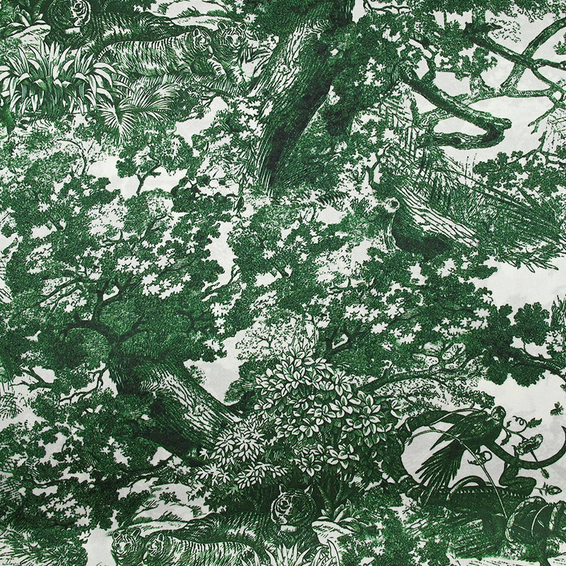 Satin de soie imprimé dans la jungle vert fond blanc
