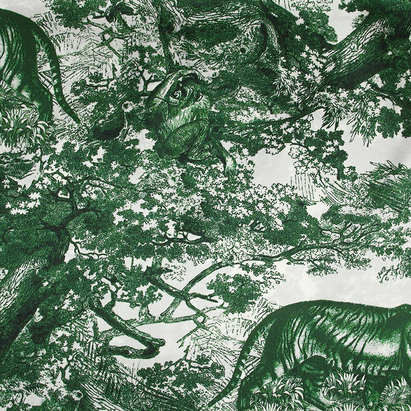 Satin de soie imprimé dans la jungle vert fond blanc