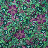 Coton imprimé explosion retro vert d'eau, violet et ciel