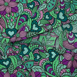 Coton imprimé explosion retro vert d'eau, violet et ciel