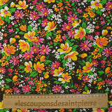 Coton imprimé vent floral orange et fuchsia fond marron
