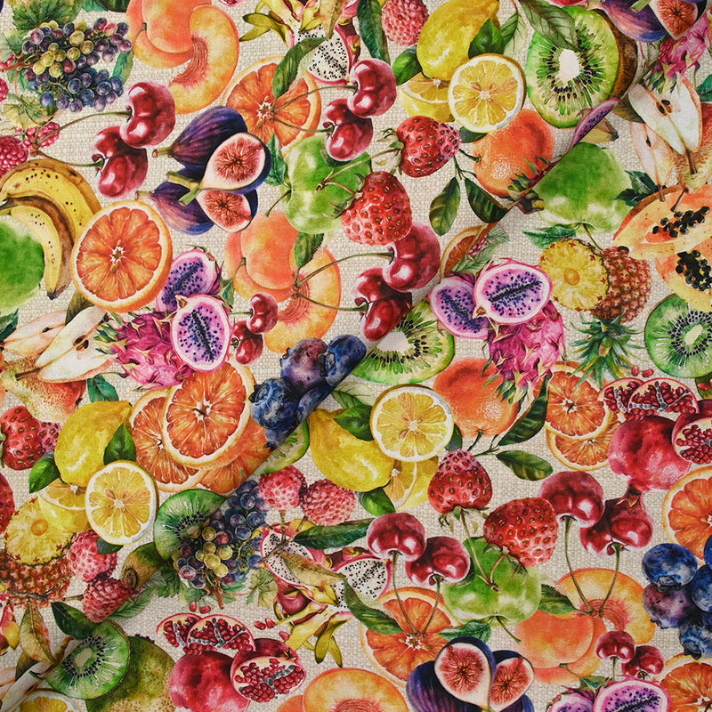 Coton imprimé dessert fruité fond beige