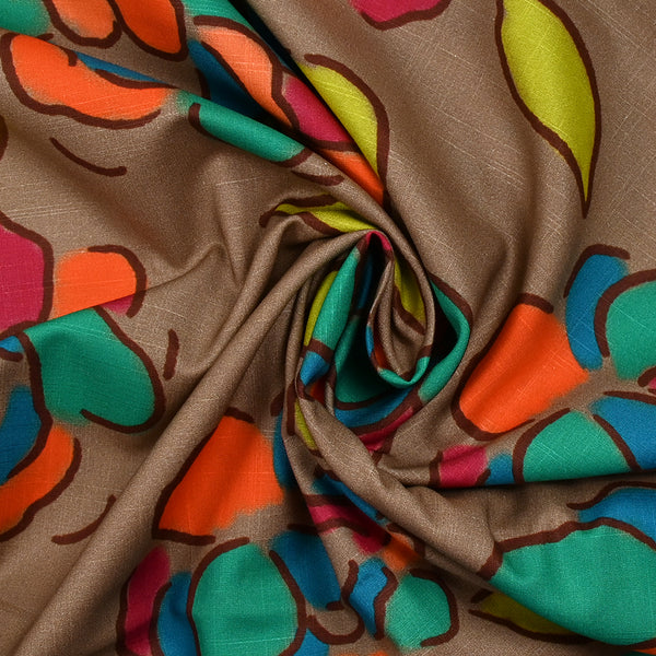 Viscose tissée imprimée fleurs dessinées fond marron