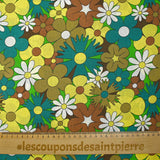 Coton imprimé floraison disco turquoise, marron et jaune beurre
