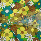 Coton imprimé floraison disco turquoise, marron et jaune beurre