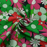 Coton imprimé floraison disco vert d'eau, vert prairie et magenta
