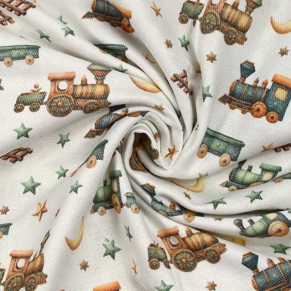 Coton imprimé petit train et étoiles fond blanc