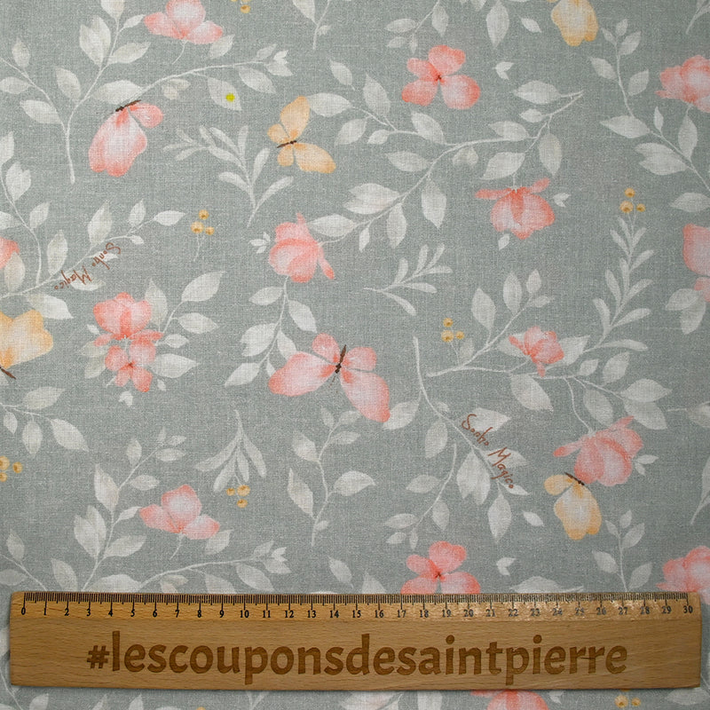 Coton imprimé fleurs magiques fond gris