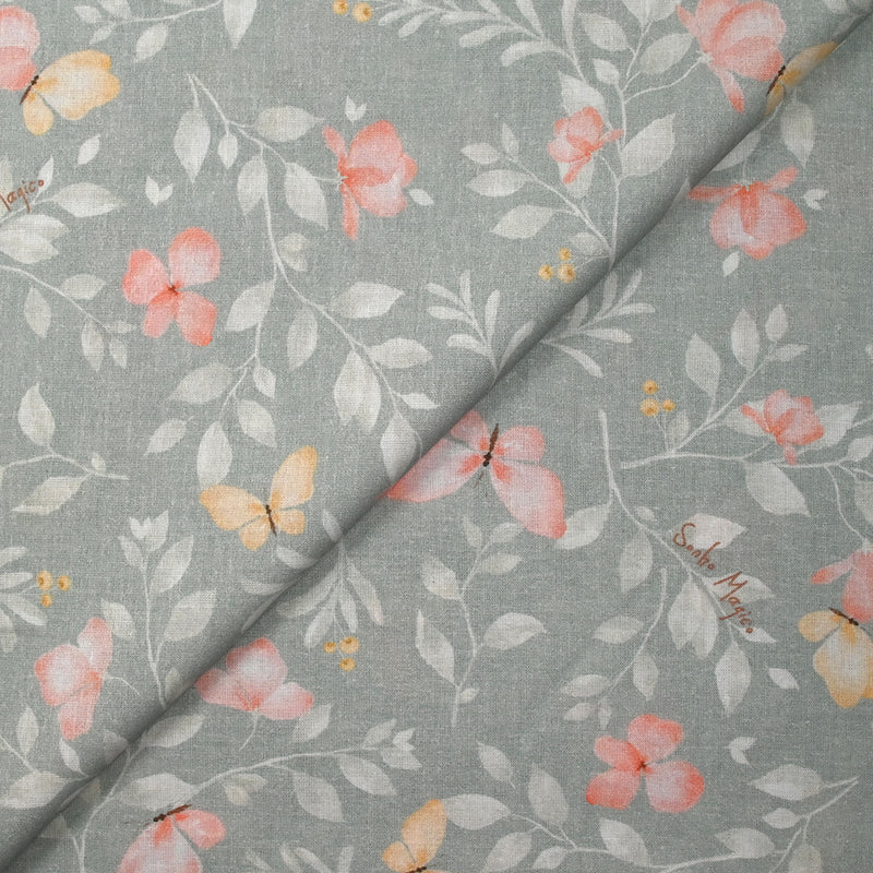 Coton imprimé fleurs magiques fond gris