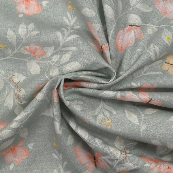 Coton imprimé fleurs magiques fond gris