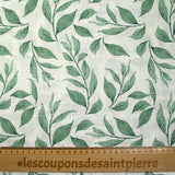 Coton tissé aspect lin imprimé feuilles volantes fond blanc