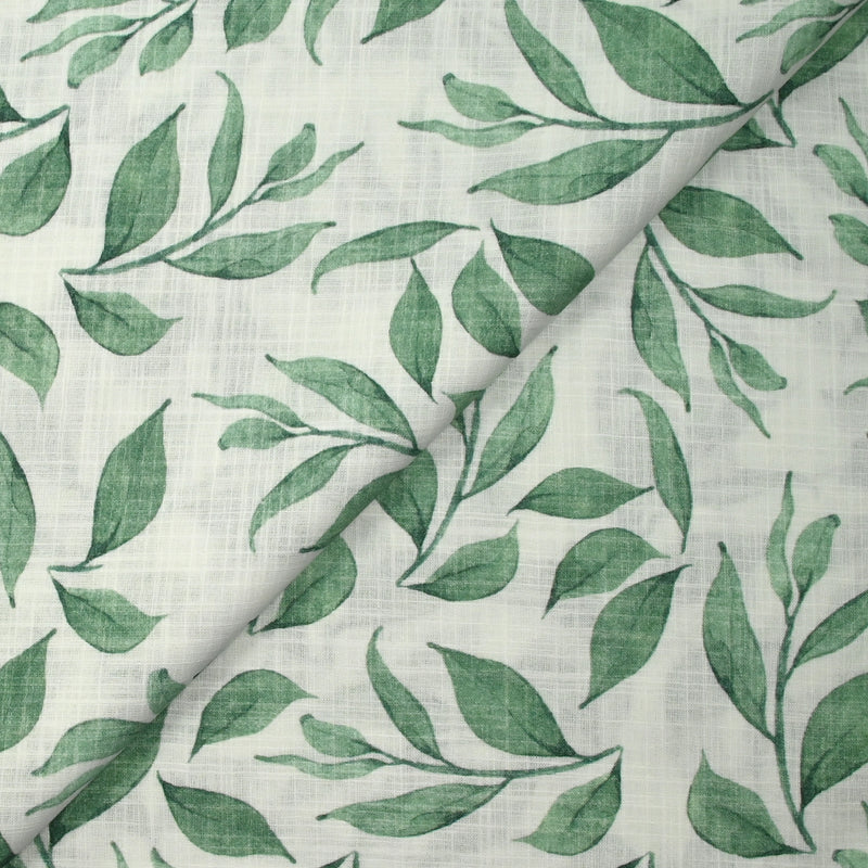 Coton tissé aspect lin imprimé feuilles volantes fond blanc