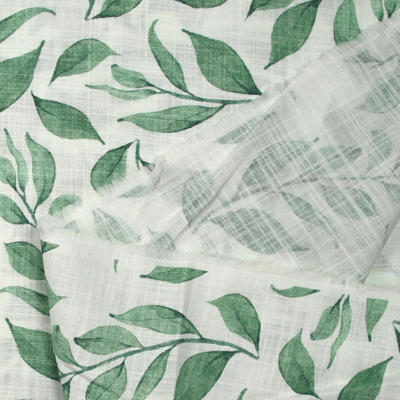 Coton tissé aspect lin imprimé feuilles volantes fond blanc