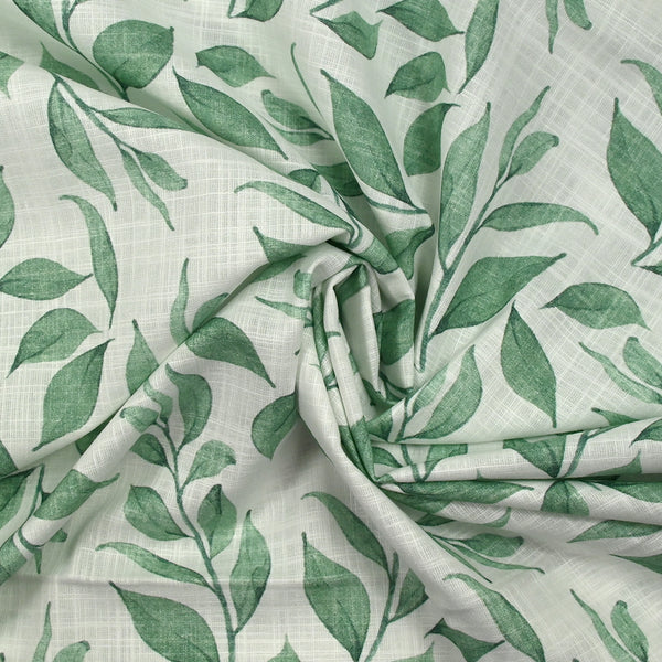 Coton tissé aspect lin imprimé feuilles volantes fond blanc