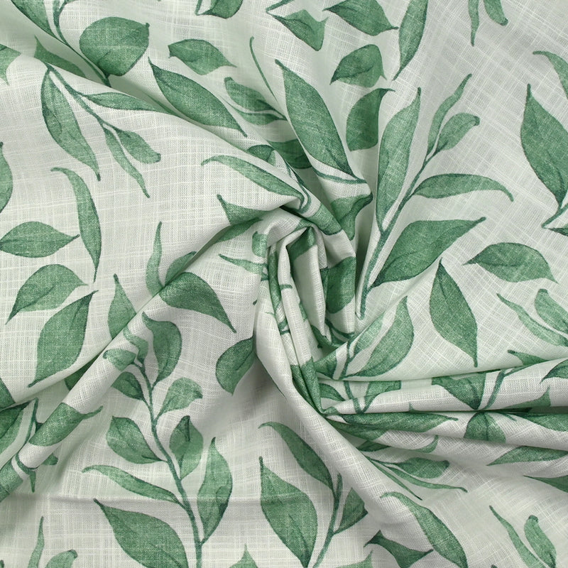 Coton tissé aspect lin imprimé feuilles volantes fond blanc