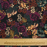 Maille polyester imprimée fine floraison violet et canard fond noir