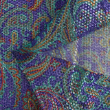Jacquard polyester lamé cachemire turquoise et rouge fond indigo
