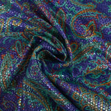 Jacquard polyester lamé cachemire turquoise et rouge fond indigo