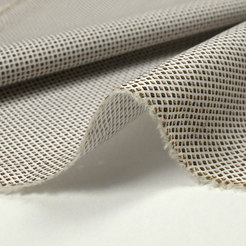 Coton imprimé losange à pois marron et gris fond blanc