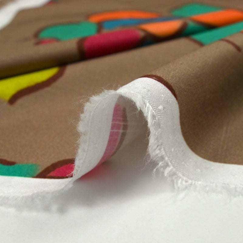 Viscose tissée imprimée fleurs dessinées fond marron