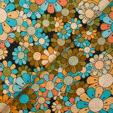 Coton imprimé flower power marron fond noir