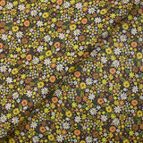 Coton imprimé prairie en fleurs jaune fond marron foncé