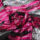 Tulle sequin plumes royales argent holographique et fuchsia