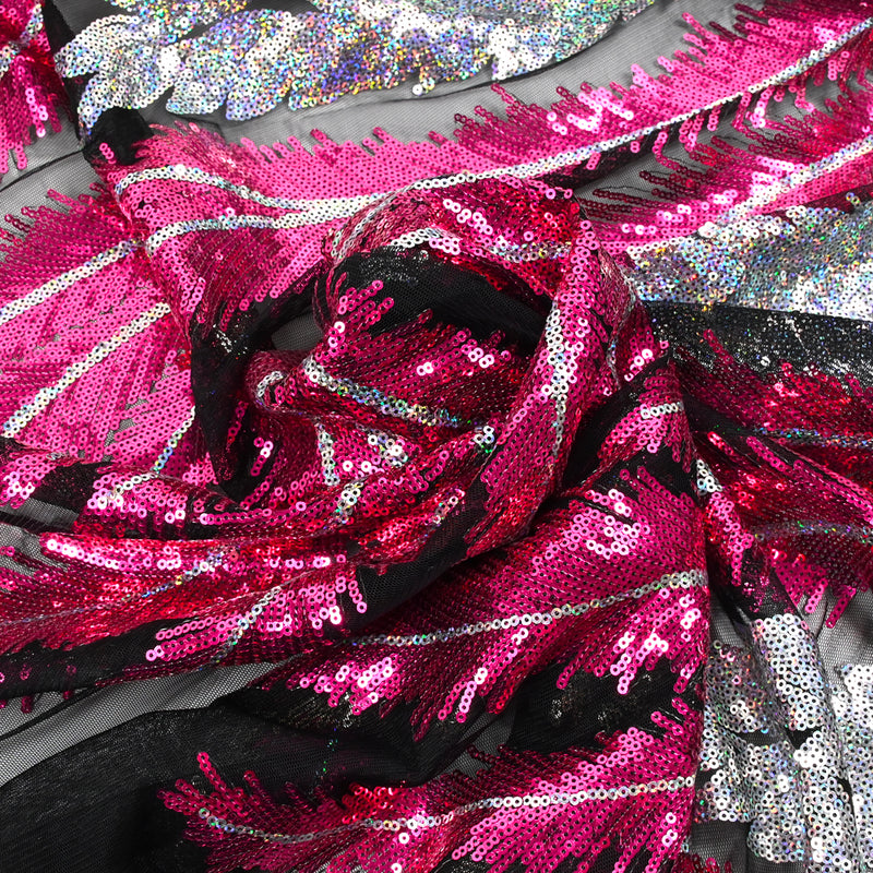 Tulle sequin plumes royales argent holographique et fuchsia